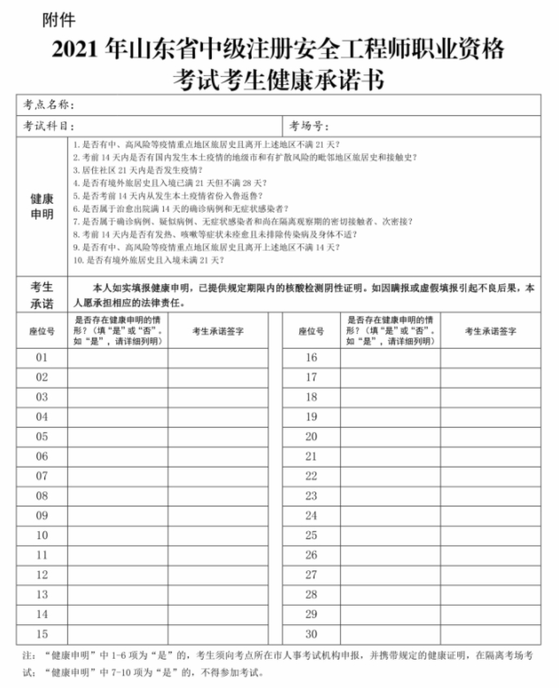 山东2021年中级安工考试考生健康承诺书.png
